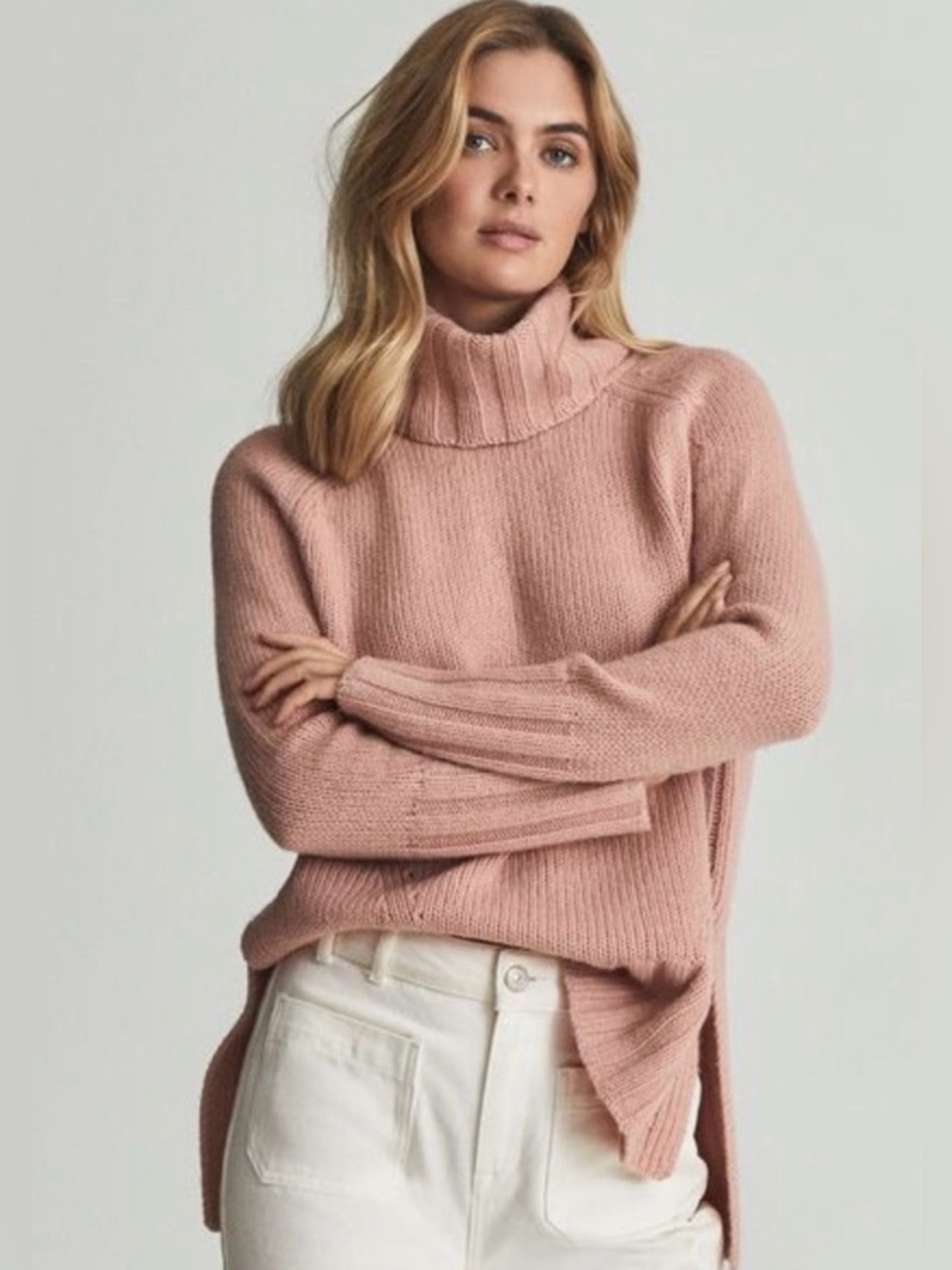 NWT REISS Stevie Wool Cashmere Wool Roll Neck Jumper Sweater Dusty Pink XS